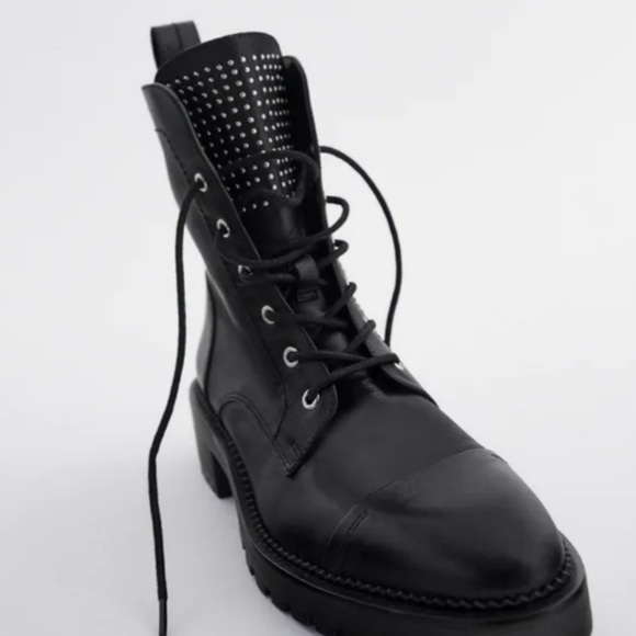 Zara black studded low heel leather ankle boots - Picture 8 of 11